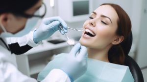 Dentist holding tools up to the mouth of a woman with brown hair in a dentist chair